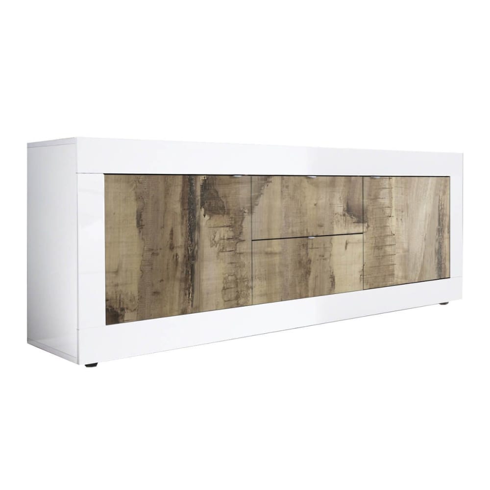 Altobuy Meuble tv 2 portes 2 tiroirs finition blanc laqué et aspect bois antik style contemporain Marron Panneau De Particules - 210x66x43cm