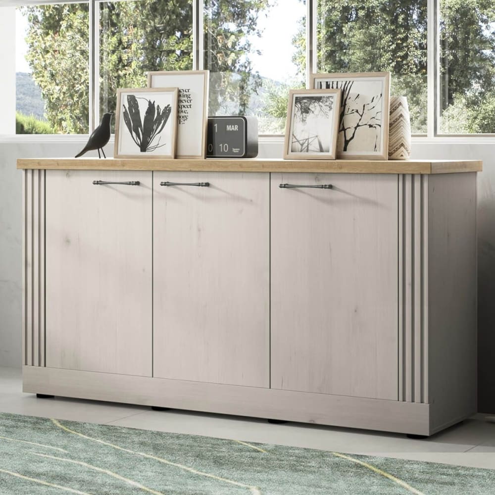 Buffet 3 portes aspect chêne blanchi et chêne clair