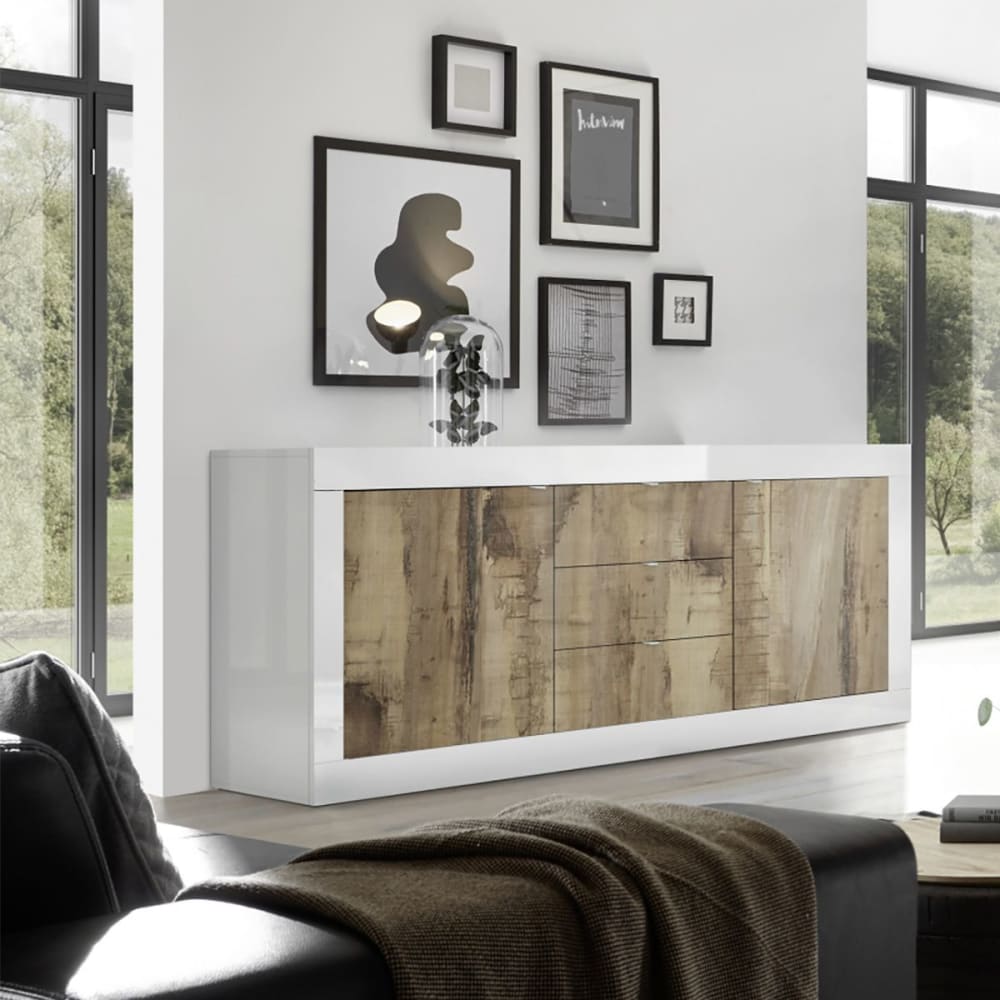 Buffet 2 portes 3 tiroirs finition blanc laqué et aspect bois antik - Maisons du Monde