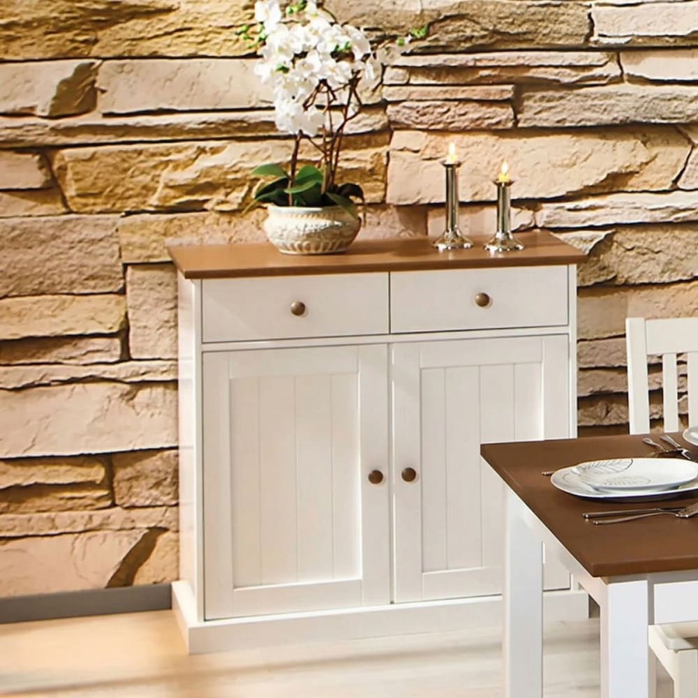 Buffet 2 portes 2 tiroirs bois massif vernis sepia et blanc - Maisons du Monde
