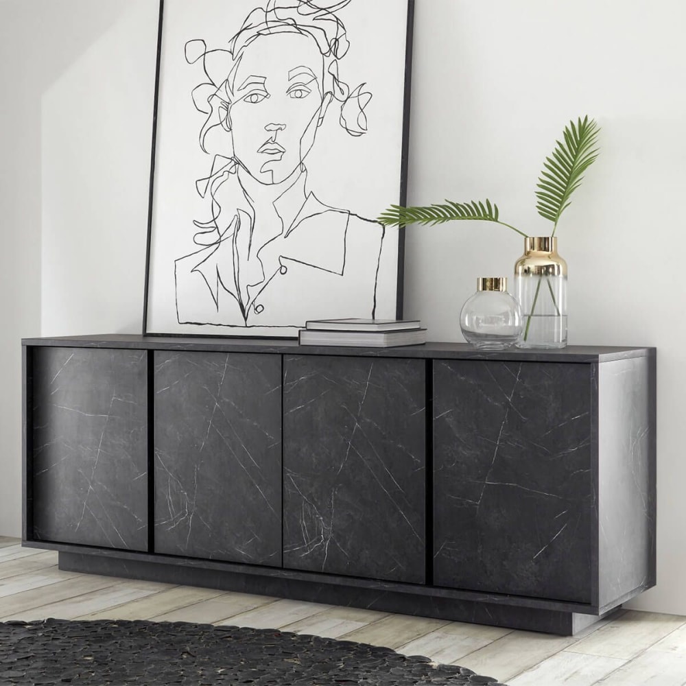 Buffet 4 portes aspect marbre gris anthracite - Maisons du Monde