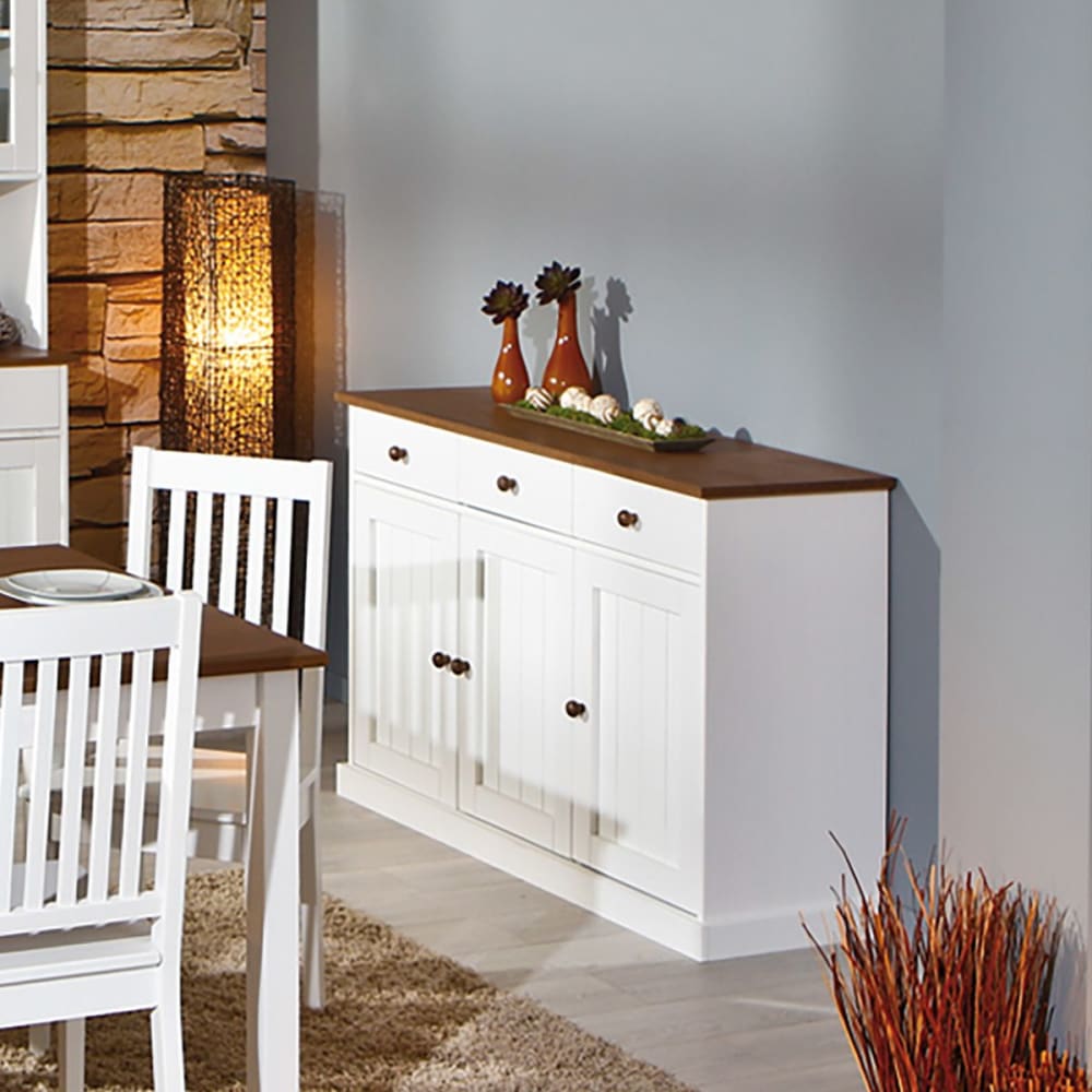 Buffet 3 portes 3 tiroirs bois massif vernis sepia et blanc - Maisons du Monde