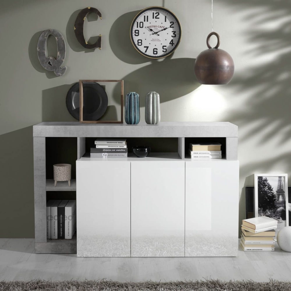Buffet 3 portes blanc laqué avec niches ffnition aspect cimento - Maisons du Monde