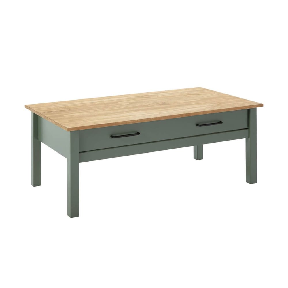 Table basse rectangulaire 1 tiroir bois ciré et vert