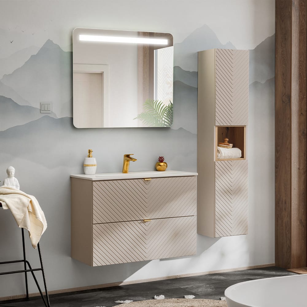 Petits meubles Ensemble meuble simple vasque panneaux mélaminé et mdf beige Beige Panneau De Particules - 80x57x40cm