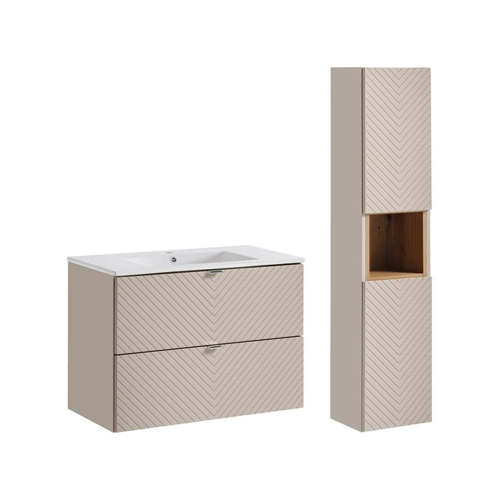 Ensemble meuble vasque encastrée 2 tiroirs colonne stratifiés beige
