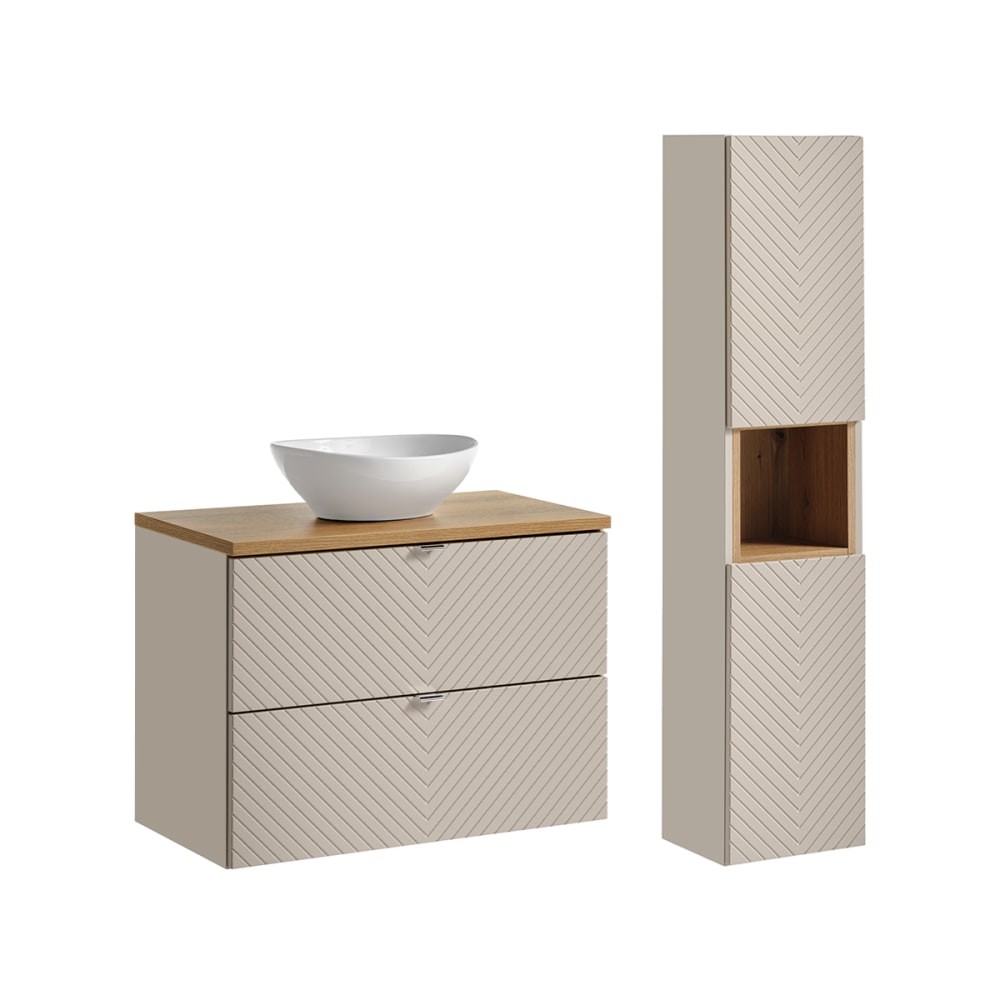 Ensemble meuble vasque 2 tiroirs colonne stratifiés beige