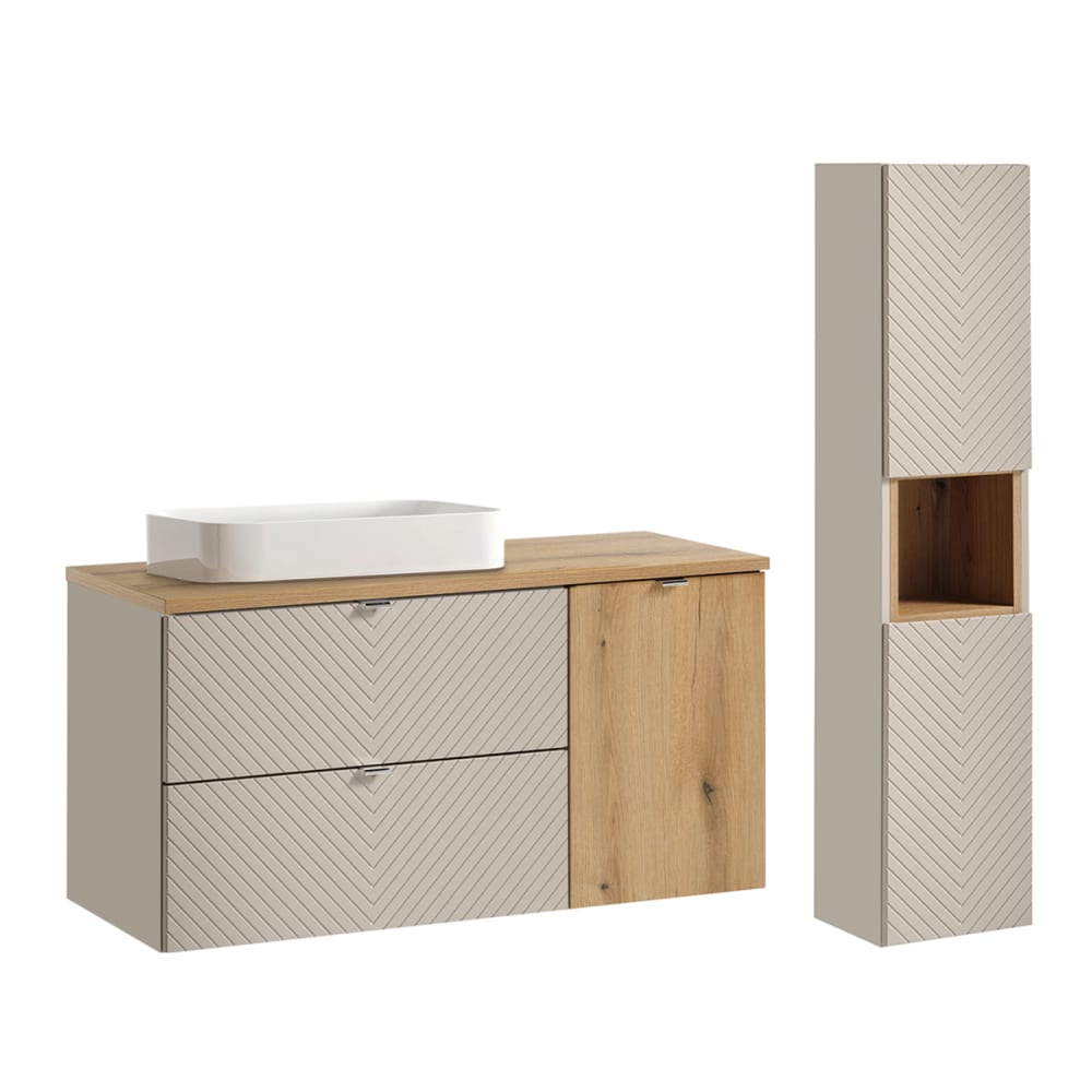 Ensemble meuble vasque panier à linge colonne stratifiés beige