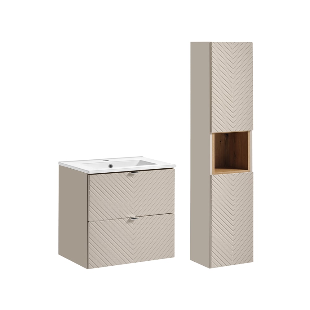 Ensemble meuble vasque encastrée 2 tiroirs colonne stratifiés beige
