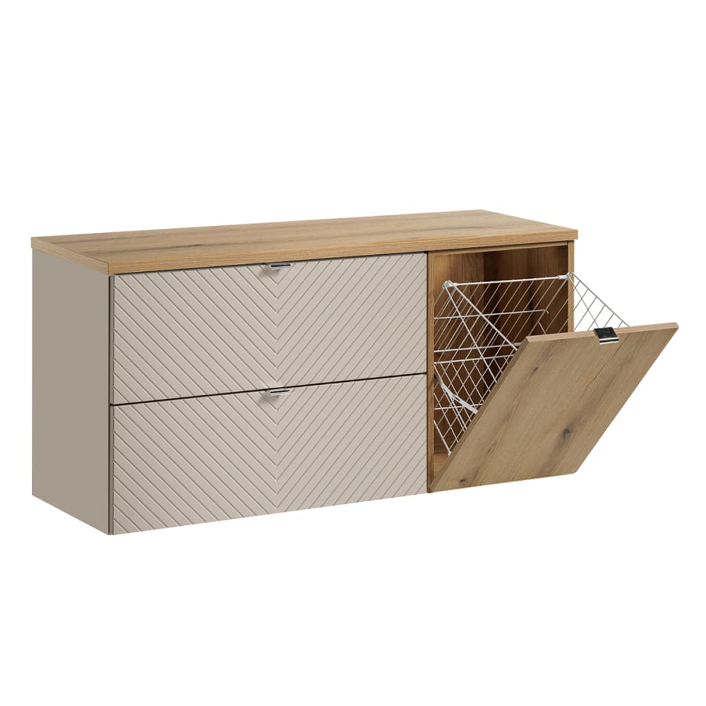 Meuble sous-vasque 2 tiroirs panier à linge stratifiés beige