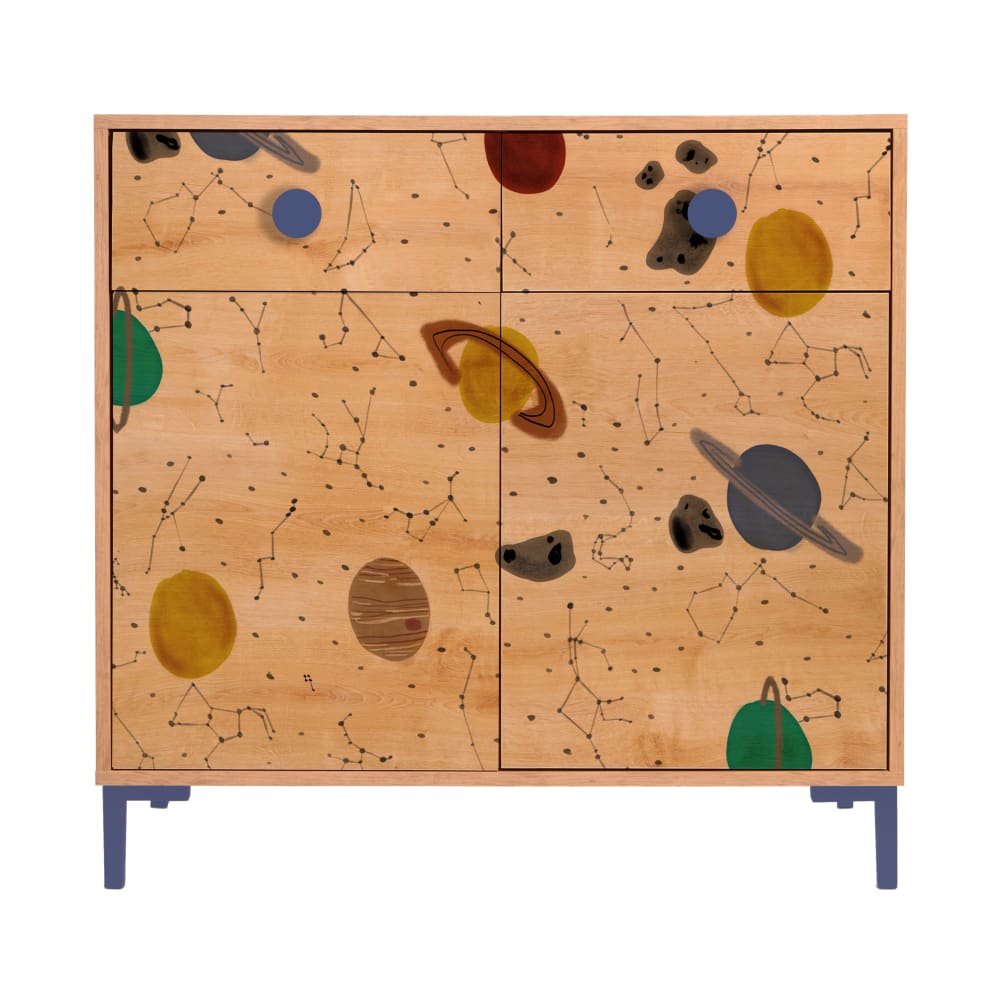 RNT by Really Nice Things - Commode 2 portes 2 tiroirs couleur chêne avec imprimé Espace
