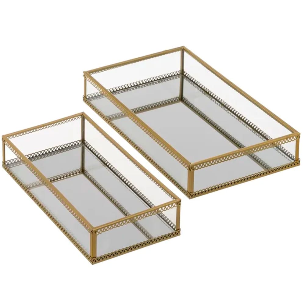 Set de 2 plateaux pour bijoux métal doré, verre et miroir 24x14x4cm