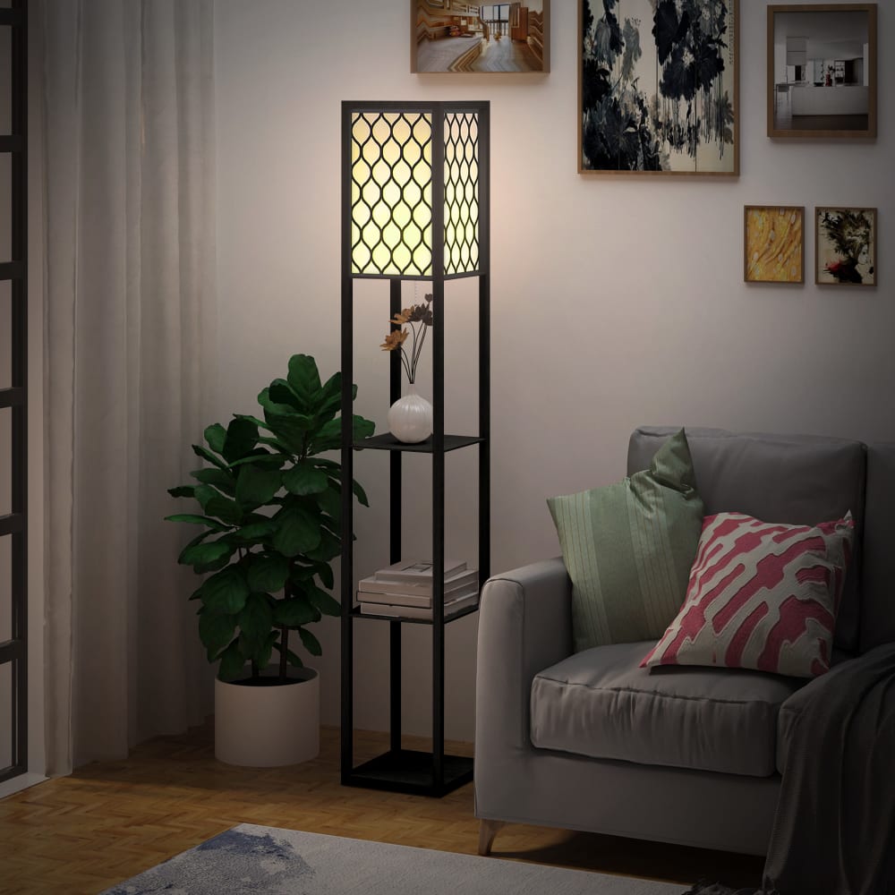 Lampadaire 3 étagères mdf noir abat-jour tissu motif nid d'abeille - Maisons du Monde