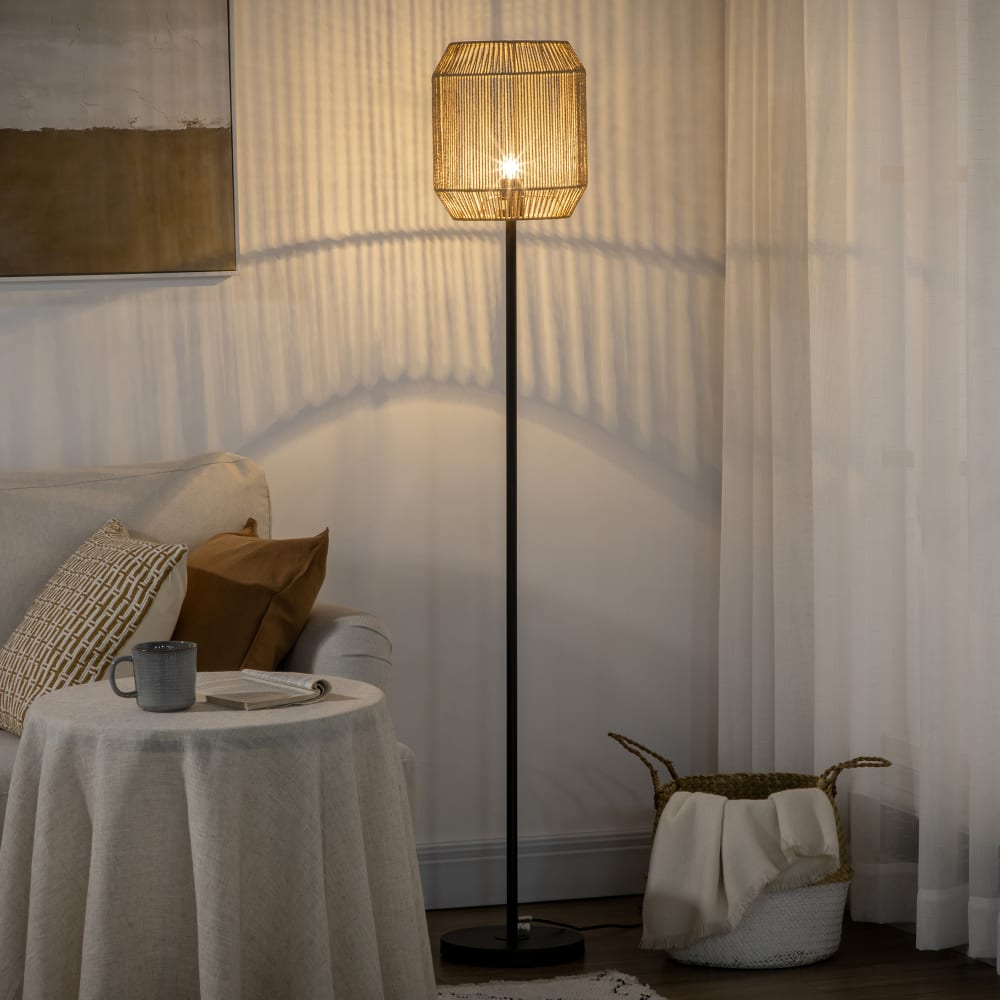 Lampadaire aspect cannage style cosy h.158 cm noir beige — vue 3