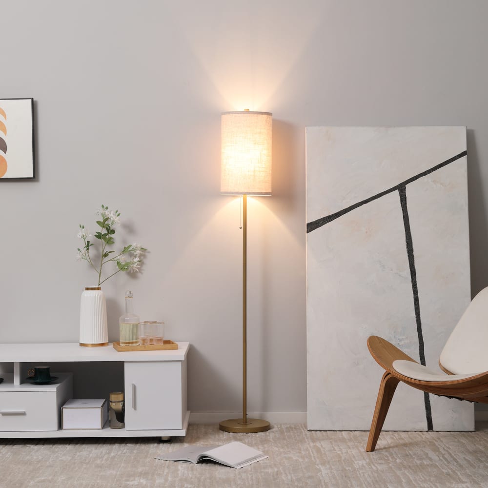 Lampadaire design néo-rétro acier doré abat-jour lin crème - Maisons du Monde