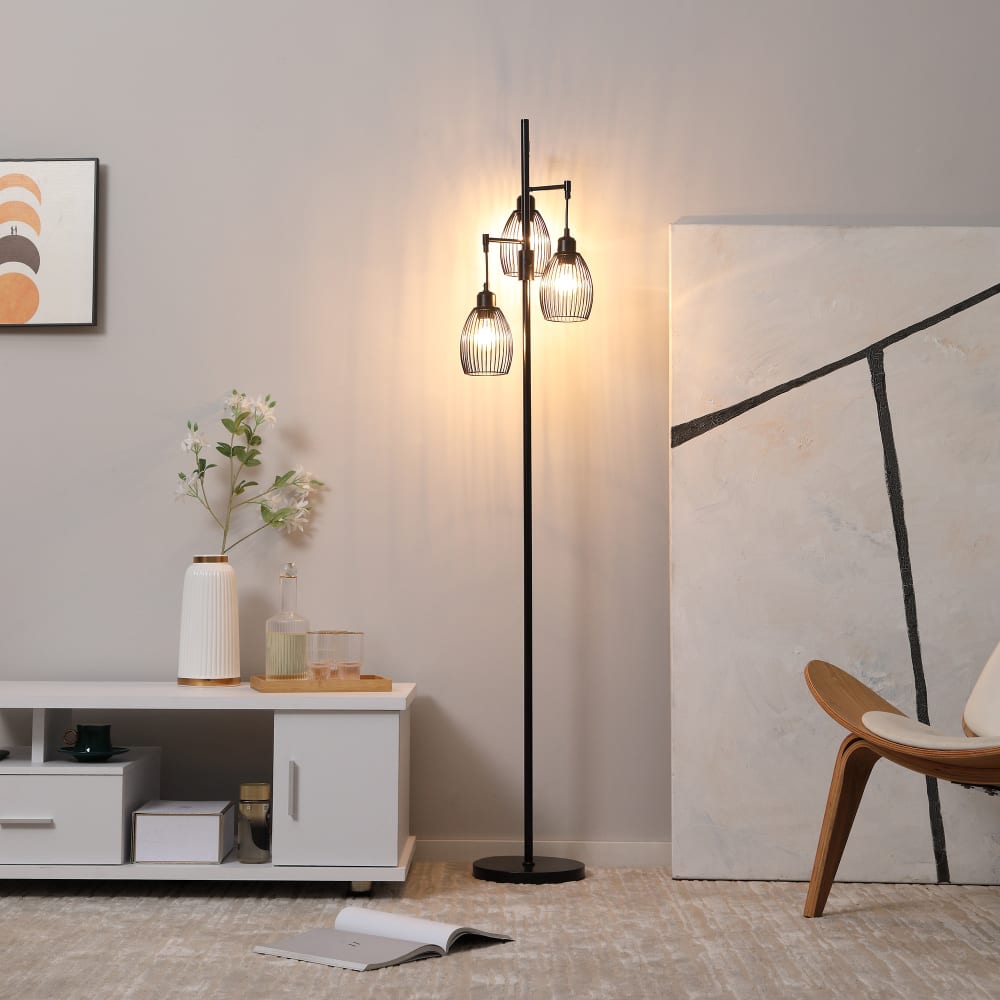 Lampadaire industriel grillagé arqué h154 cm métal noir rotin — vue 3