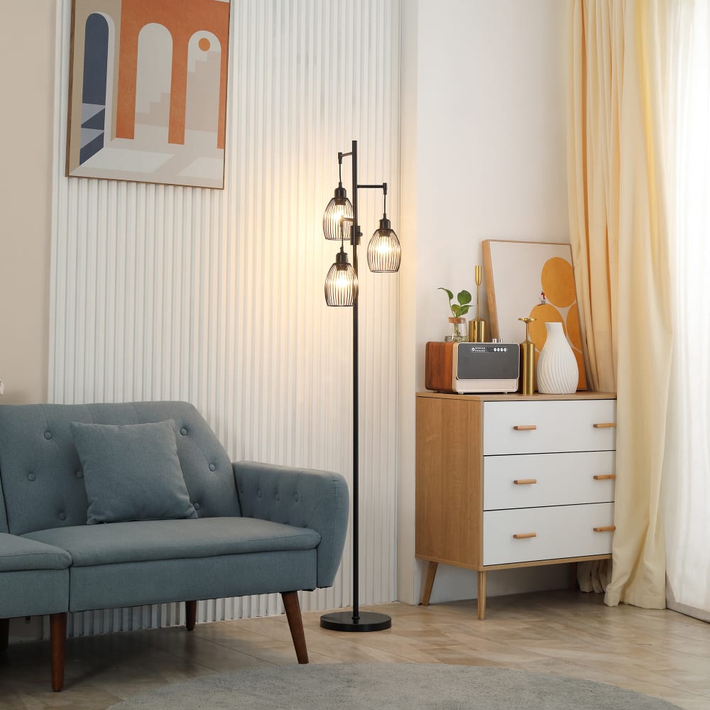 Lampadaire industriel grillagé arqué h154 cm métal noir rotin — vue 4