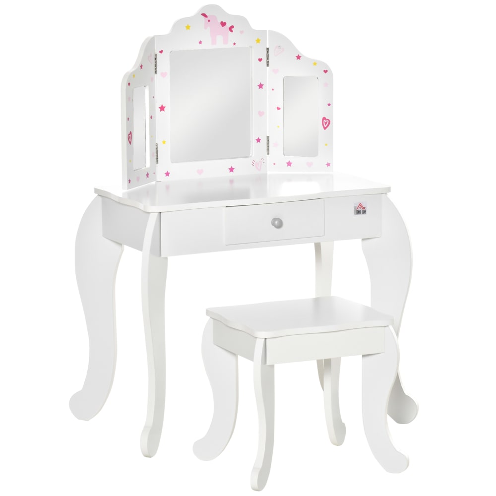 Coiffeuse enfant tabouret miroir triptyque et tiroir coulissant blanc