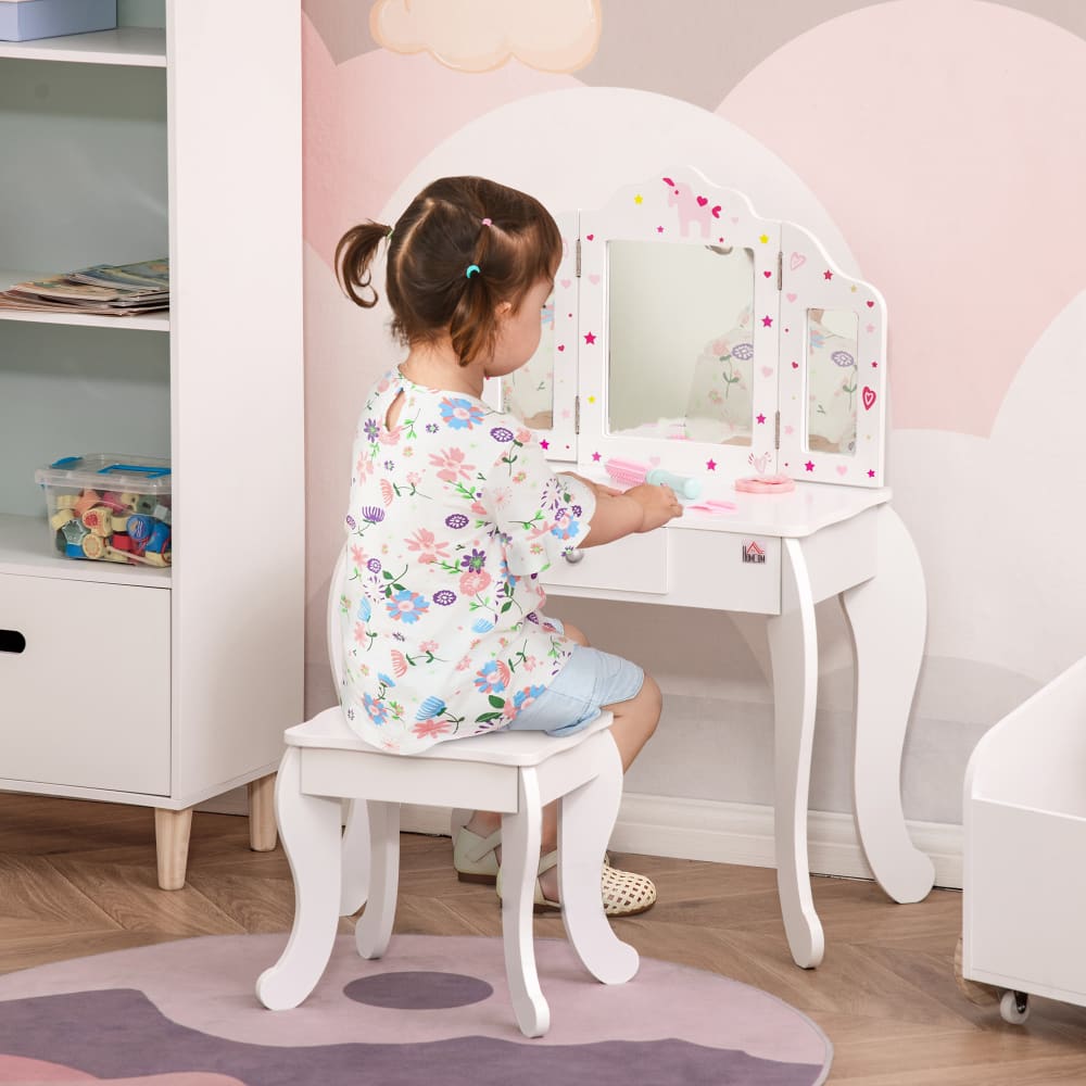 Kinderschminkkommode mit Spiegel&Triptychon&Schublade Weiß -