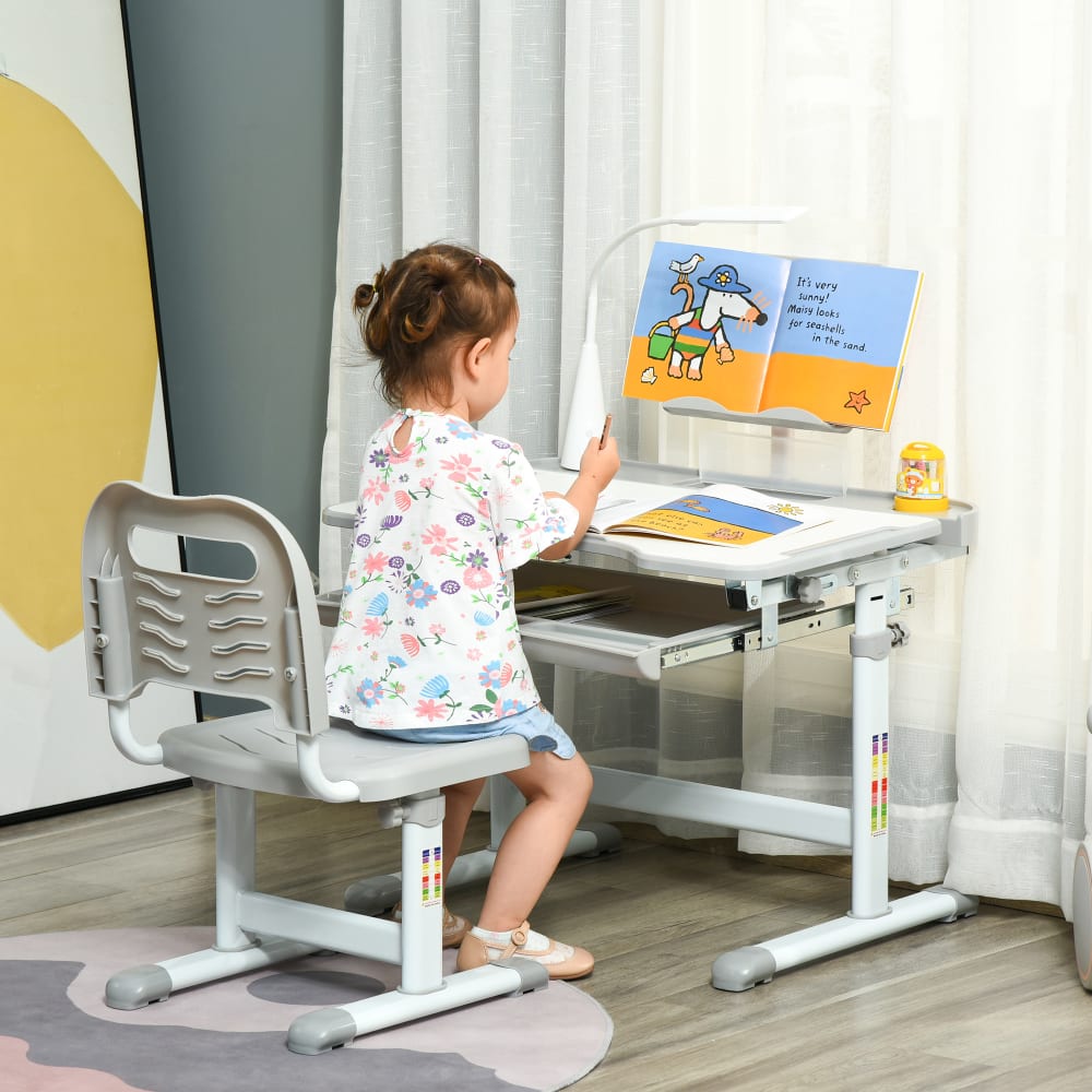 Ensemble chaise et bureau pour enfants lampe LED hauteur réglable gris