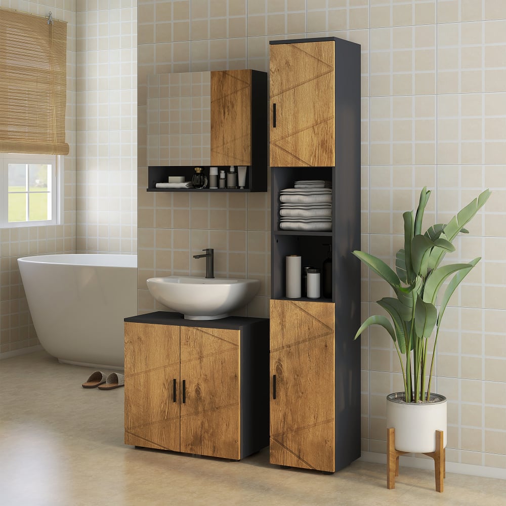 Meuble colonne salle de bain style cosy anthracite aspect bois