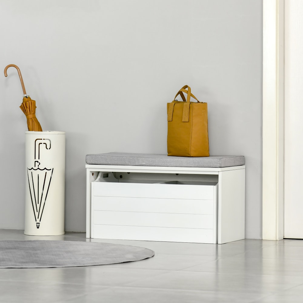 Banc à chaussures blanc tiroir double compartiment coussin gris - Maisons du Monde
