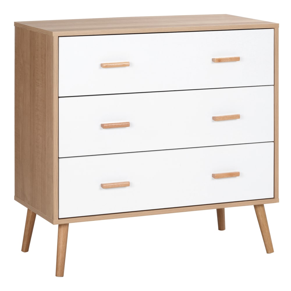 Commode scandinave sur pieds 3 tiroirs blanc aspect bois clair