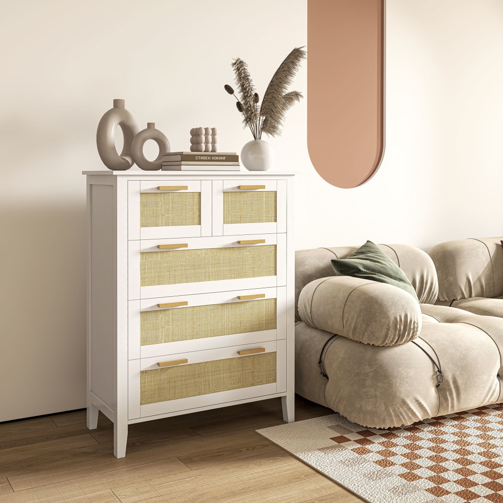 Commode 5 tiroirs cannage en rotin MDF blanc bois de pin