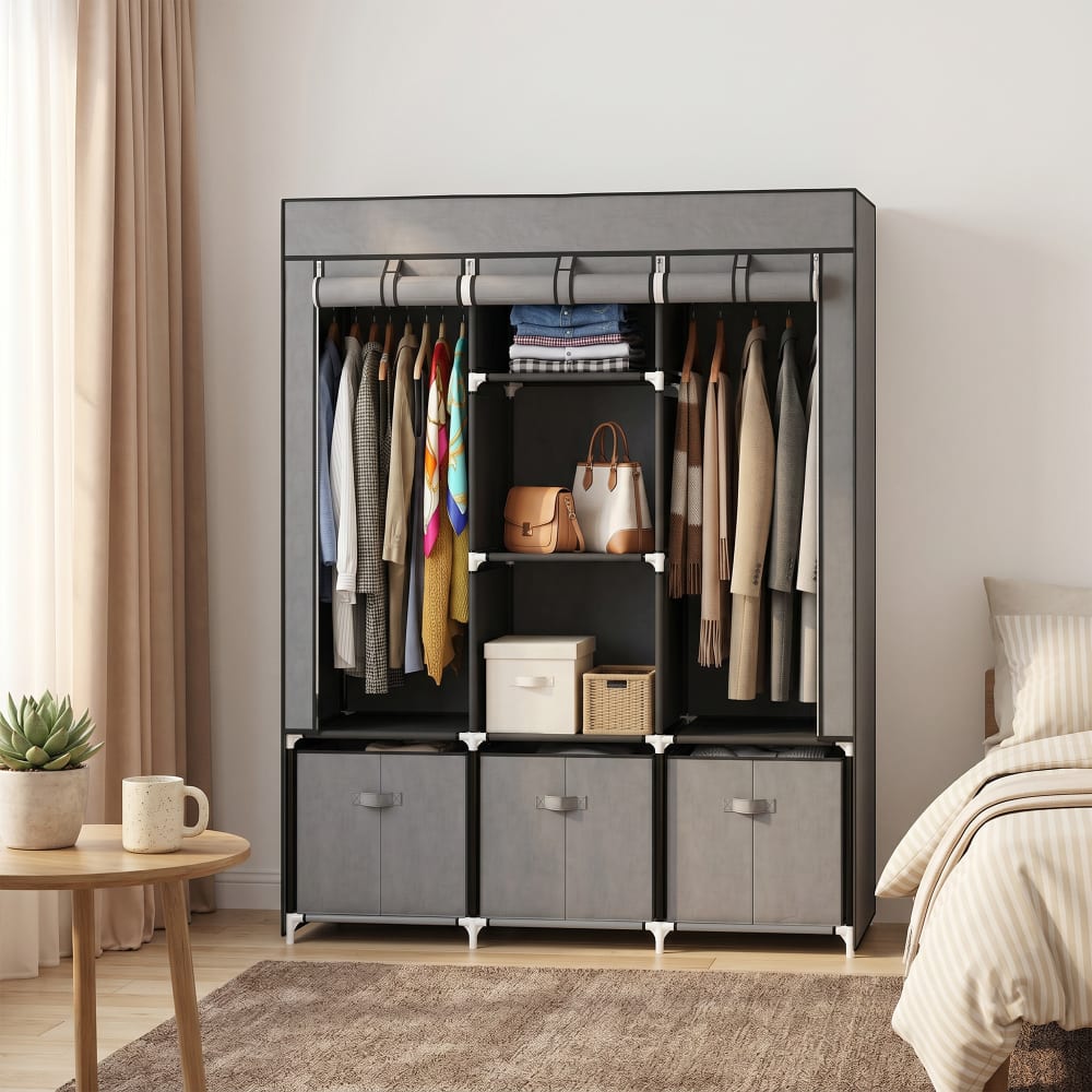 Armoire penderie pliable 5 étagères 2 tringles 3 tiroirs tissu gris - Maisons du Monde