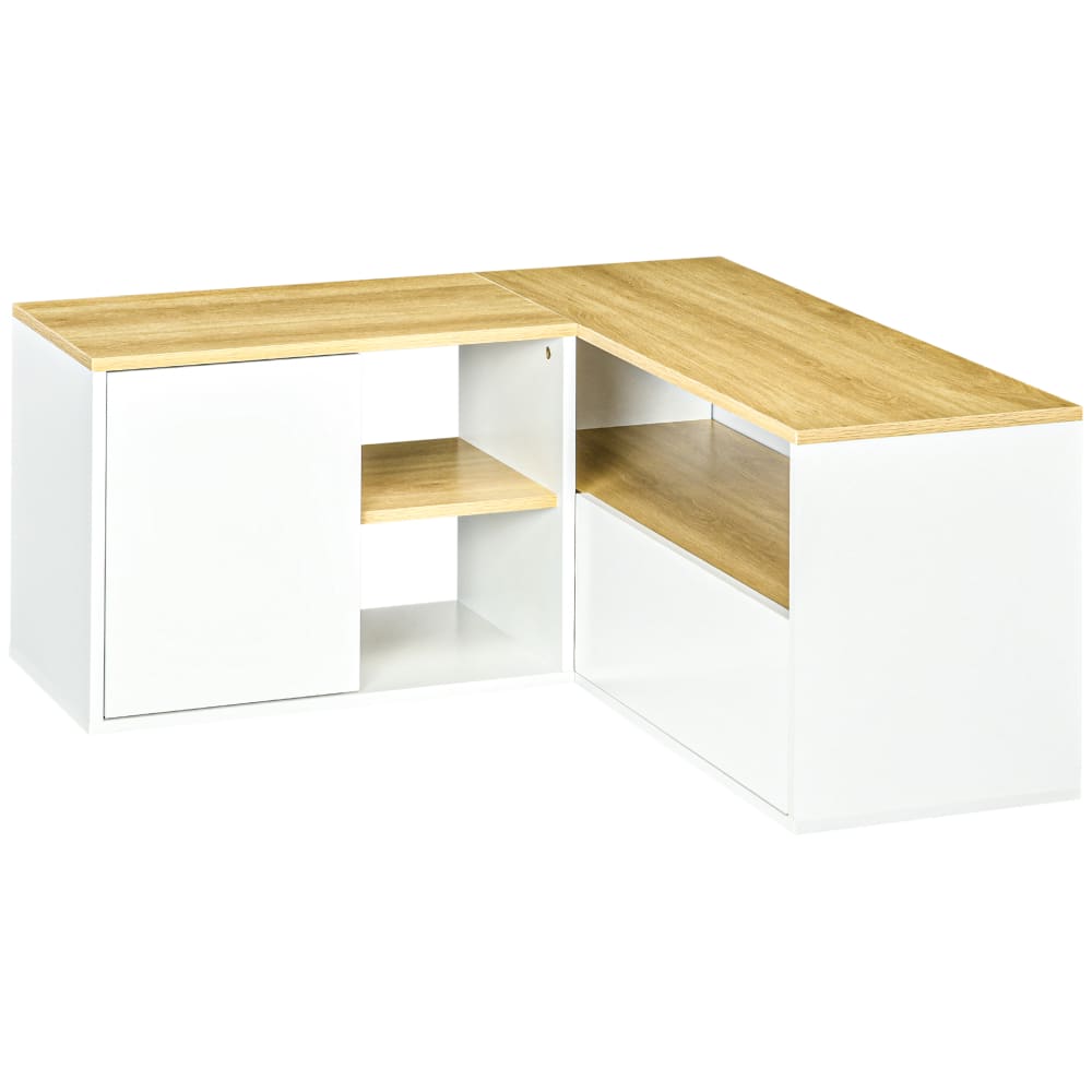 Meuble TV d'angle 2 portes 3 niches aspect bois chêne clair blanc