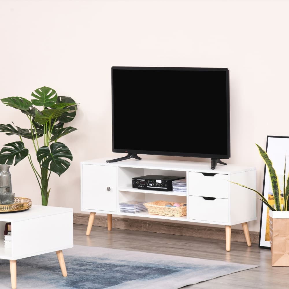 Meuble TV style scandinave pieds pin massif blanc