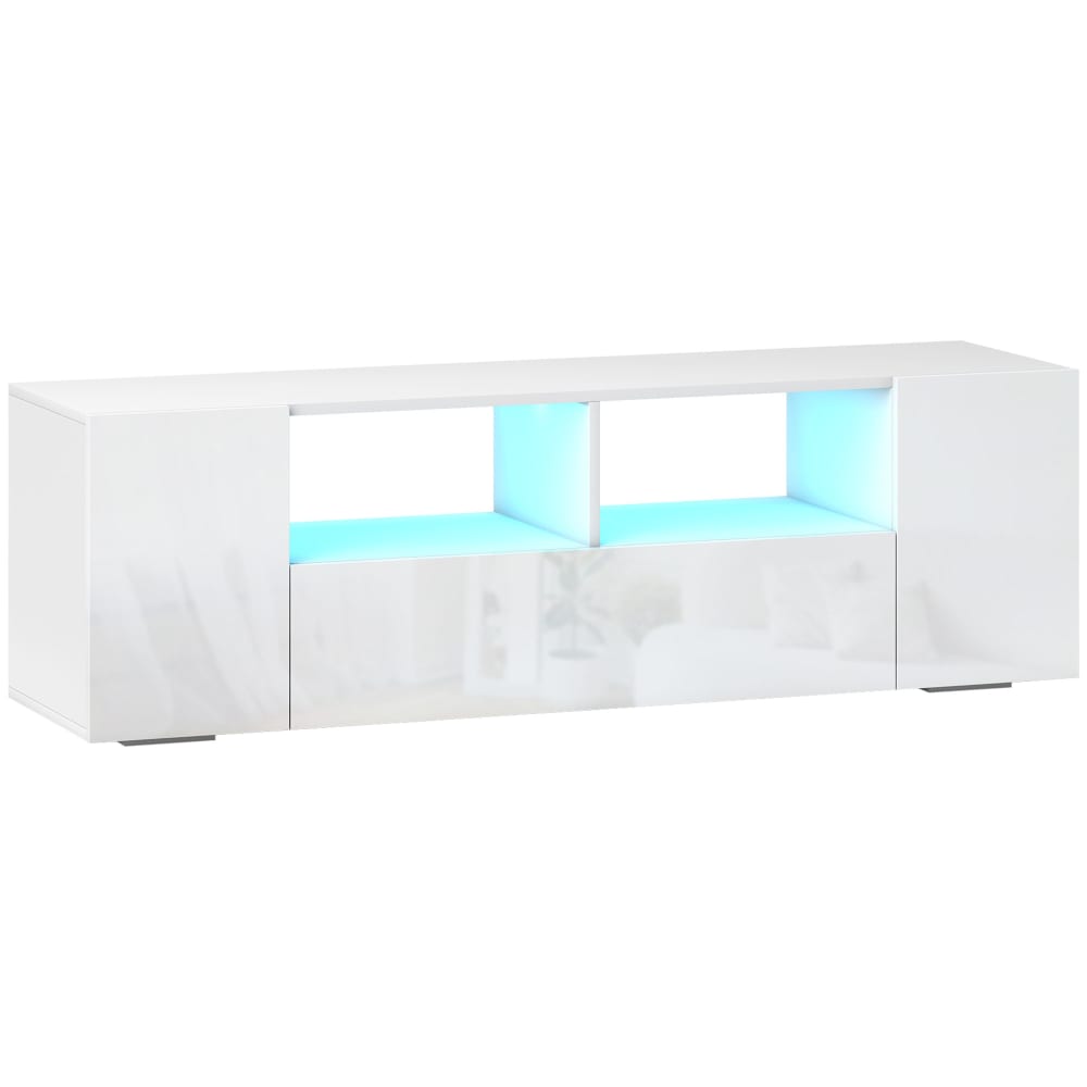 Meuble TV banc TV LED 2 étagères placards blanc laqué