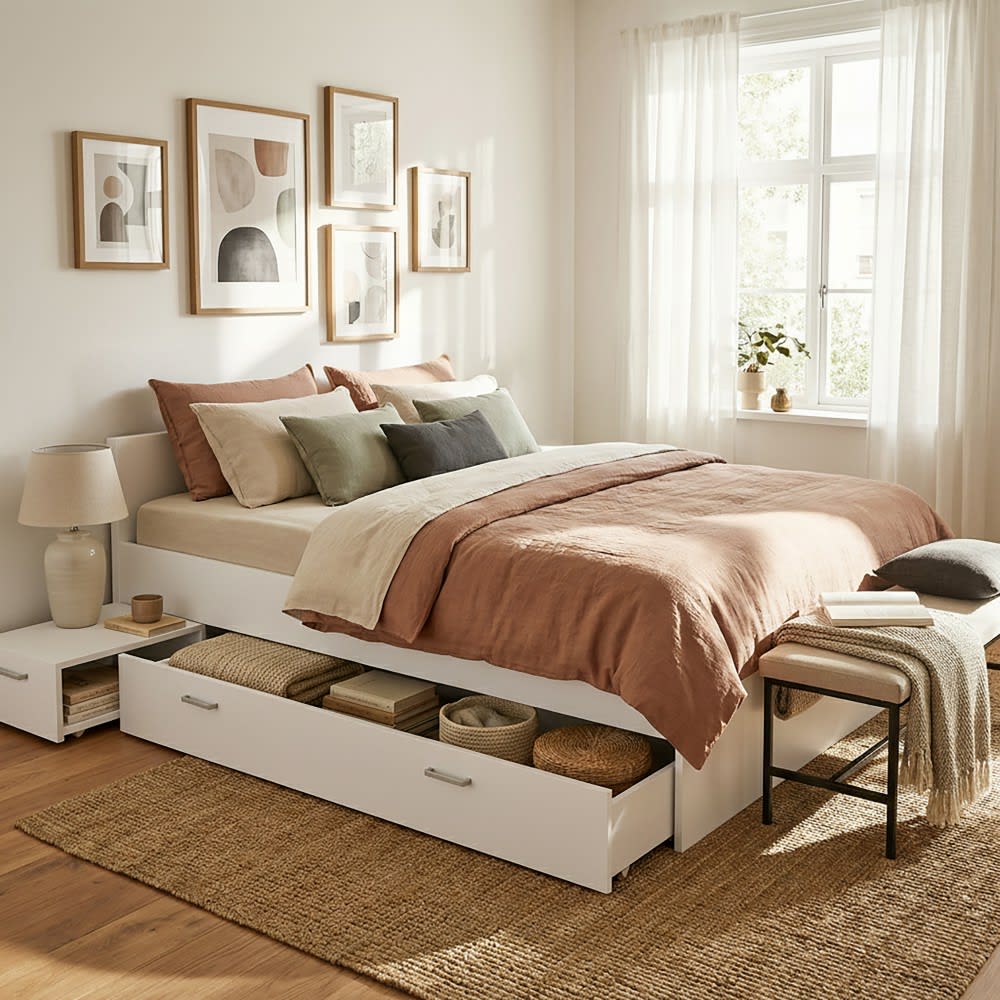Bett mit einer Schublade und einem Nachttisch, weiß, 140x190 cm -