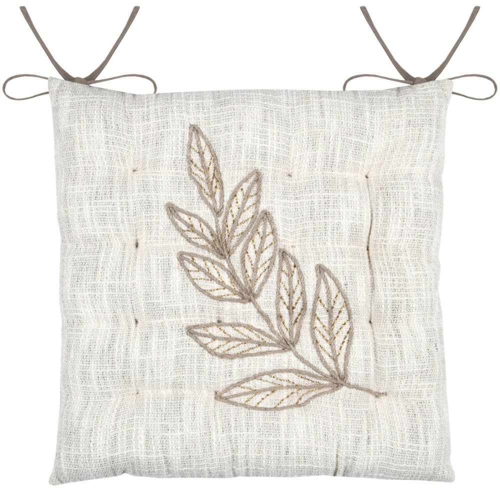 Galette de chaise feuillage - effet matière en coton brodé ecru 38 x