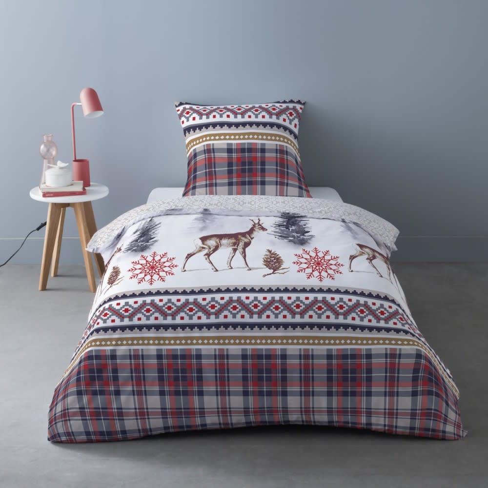 Dourev Parure de couette 100% coton flanelle imprimée 140x200 1 taie Blanc Coton - 200x200x140cm