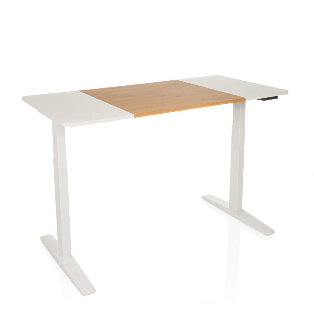 hjh OFFICE Höhenverstellbarer Schreibtisch aus MDF, Weiß/Eiche Weiß Spanplatte
