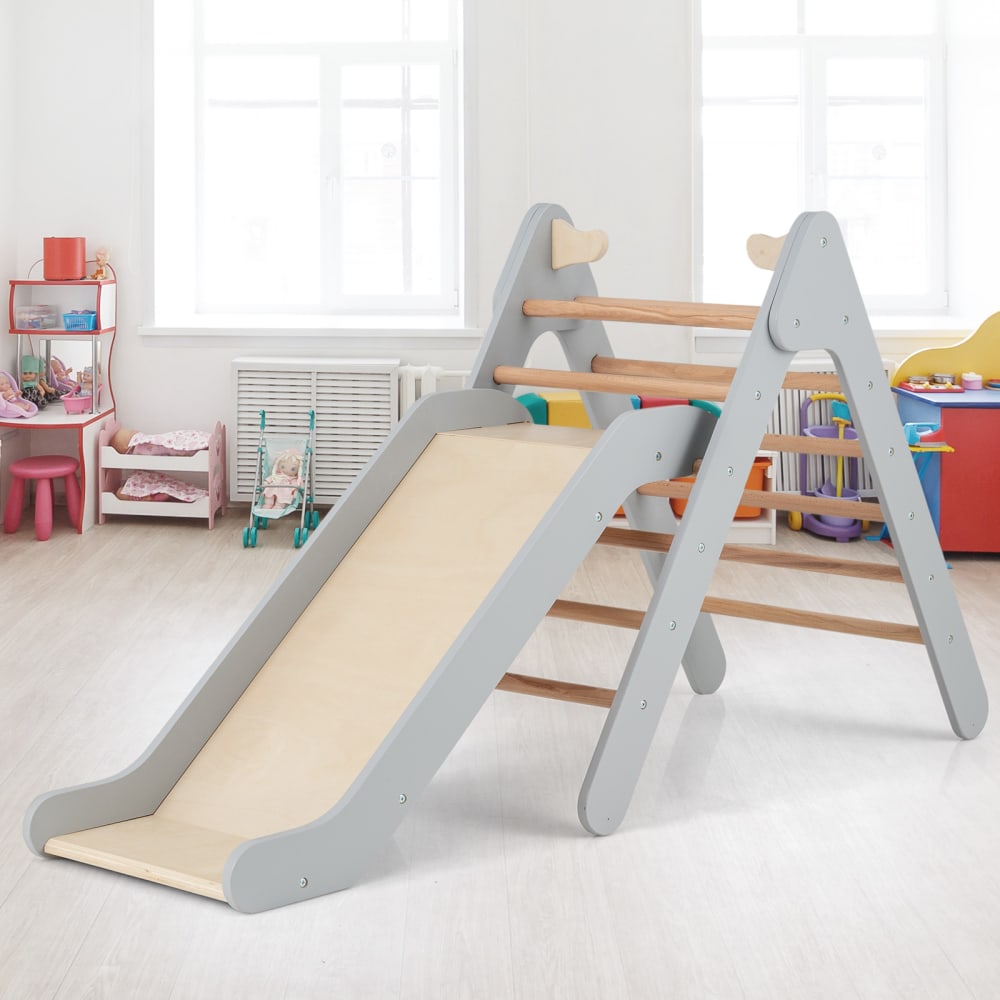 Toboggan 2 en 1 avec triangle escalade montessori gris