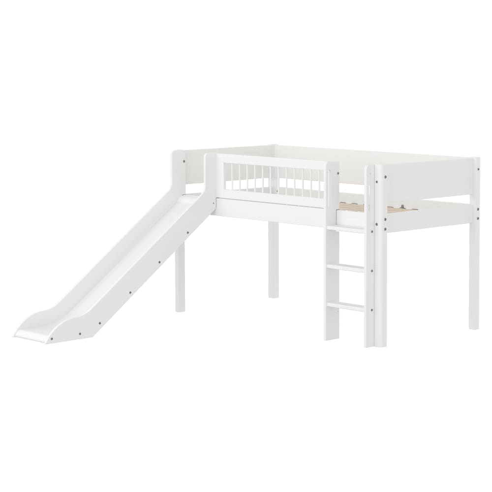 Lit mi-hauteur avec échelle et toboggan effet bois blanc 90x200cm Lit mi-hauteur avec échelle et toboggan effet bois blanc 90x200cm