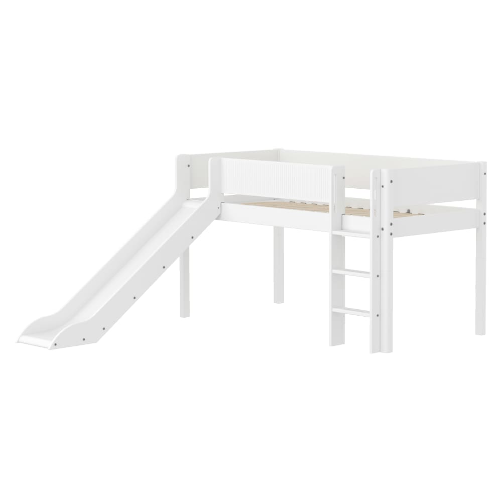 Lit mi-hauteur avec échelle et toboggan effet bois blanc 90x200cm Lit mi-hauteur avec échelle et toboggan effet bois blanc 90x200cm