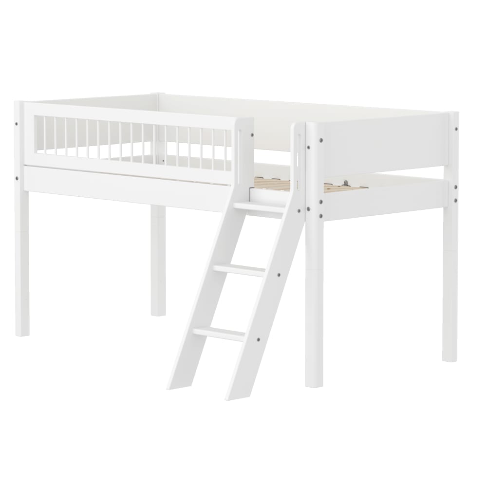 Lit mi-hauteur avec échelle inclinée effet bois blanc 90x200cm Lit mi-hauteur avec échelle inclinée effet bois blanc 90x200cm