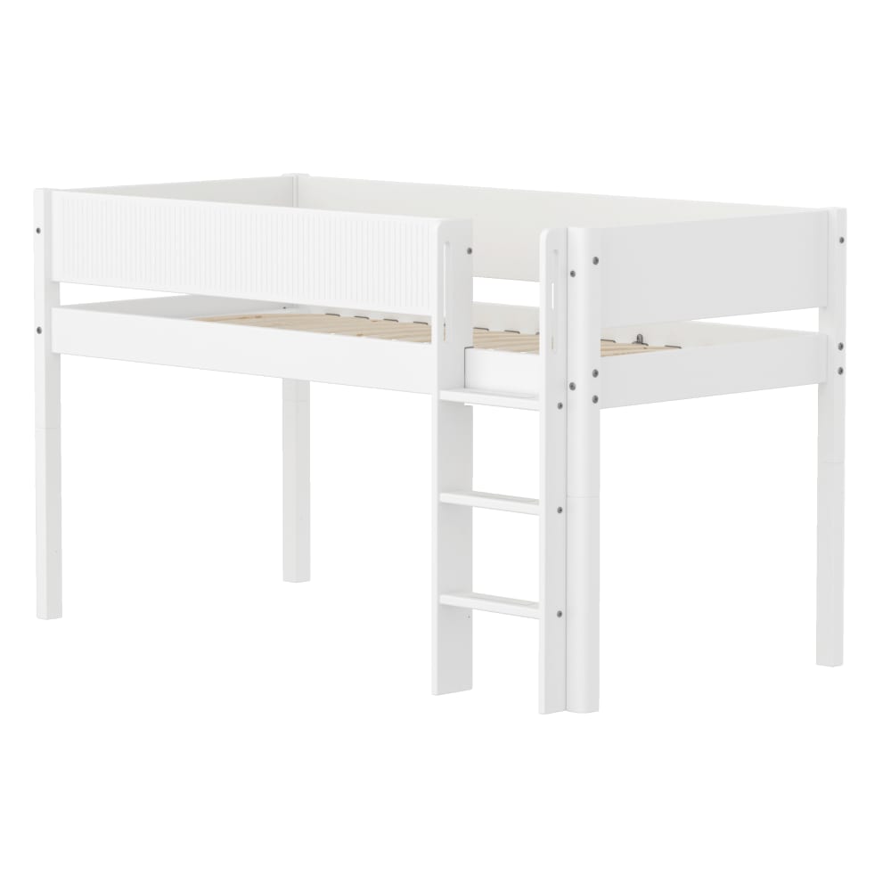 Lit mi-hauteur avec échelle droite effet bois blanc 90x200cm Lit mi-hauteur avec échelle droite effet bois blanc 90x200cm