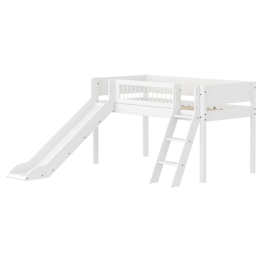 Lit mi-hauteur avec échelle et toboggan effet bois blanc 90x200cm Lit mi-hauteur avec échelle et toboggan effet bois blanc 90x200cm