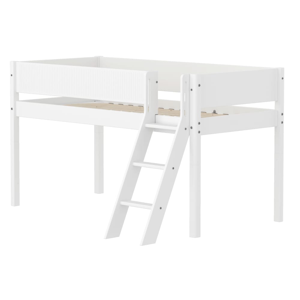 Lit mi-hauteur avec échelle inclinée effet bois blanc 90x200cm Lit mi-hauteur avec échelle inclinée effet bois blanc 90x200cm