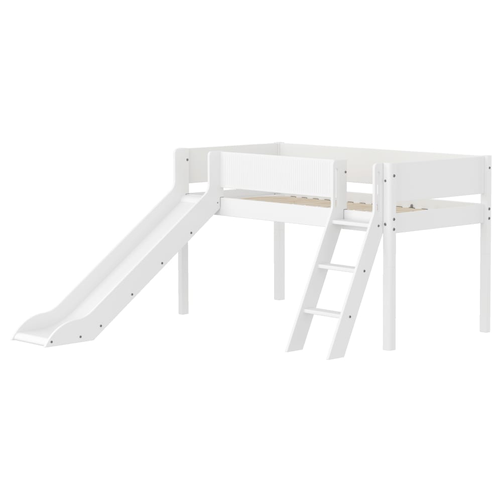 Lit mi-hauteur avec échelle et toboggan effet bois blanc 90x200cm