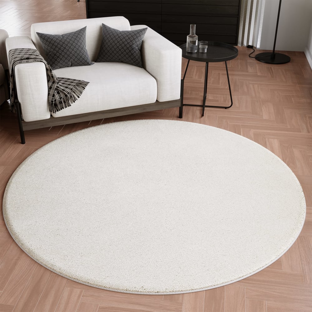 Tapis rond uni poils beige ivoire belle densité Ø 200 — vue 3