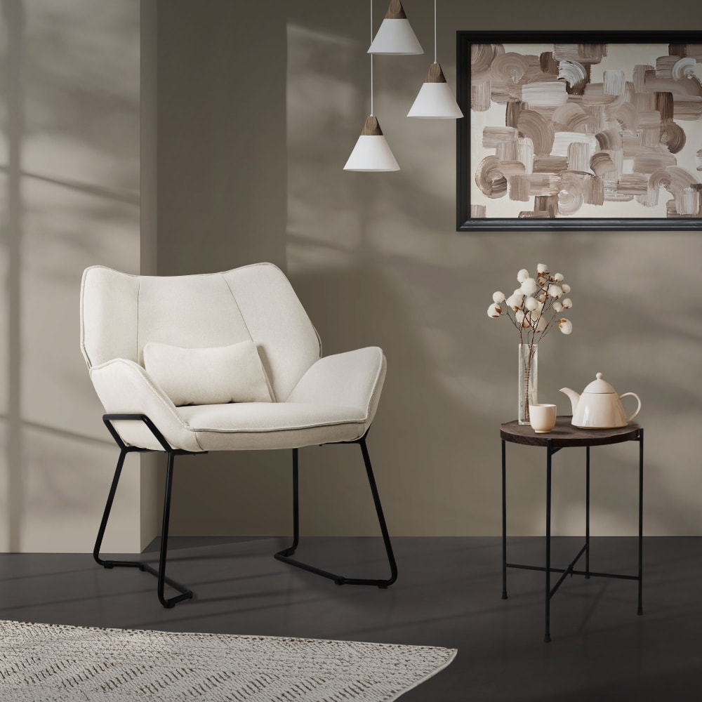 Sessel Wohnzimmer Beige aus Stoff Relaxsessel mit Lendenkissen -