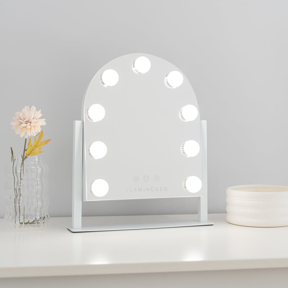 Gewölbter Schminkspiegel 9 Led Metall 30,5x36x6cm, Weiß - Maisons