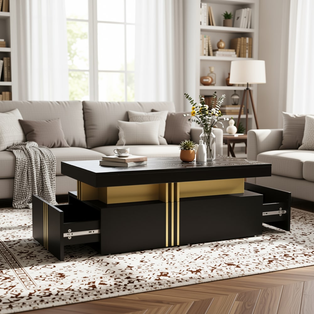 Urban Meuble Rechteckiger Couchtisch mit Glänzendem Marmoreffekt, Schwarz style modern Schwarz Spanplatte