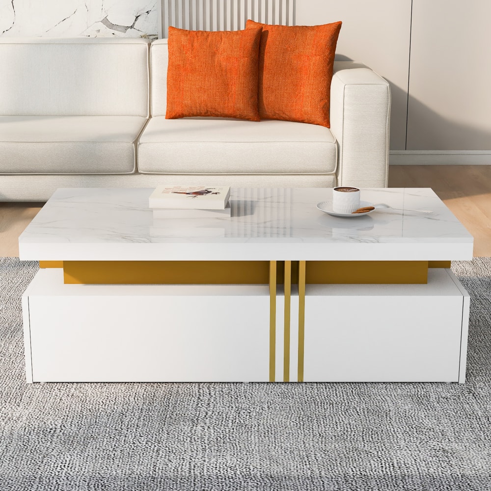 Table basse rectangulaire effet marbre blanche avec 2 tiroirs - Maisons du Monde