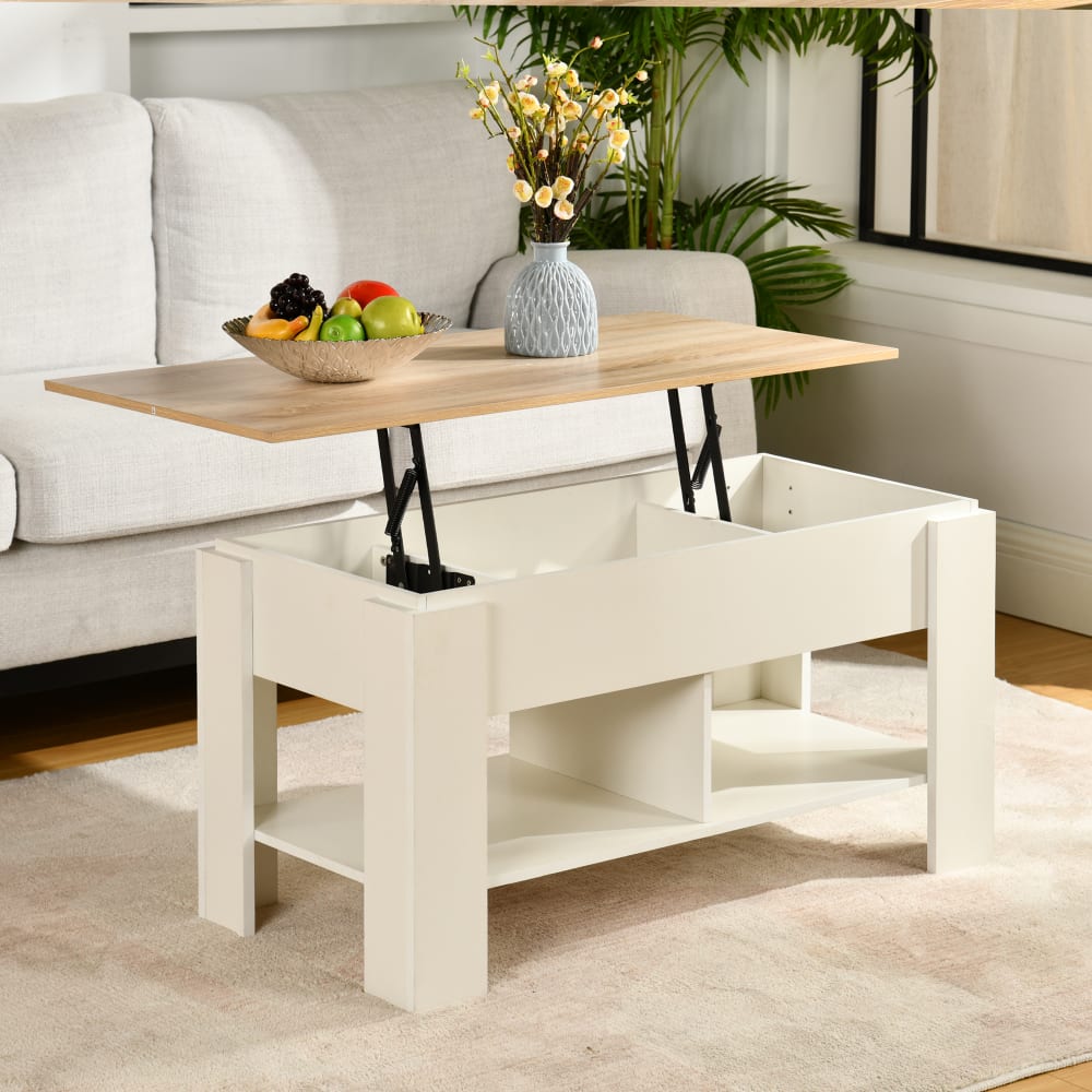 Table basse avec plateau relevable effet bois et blanc